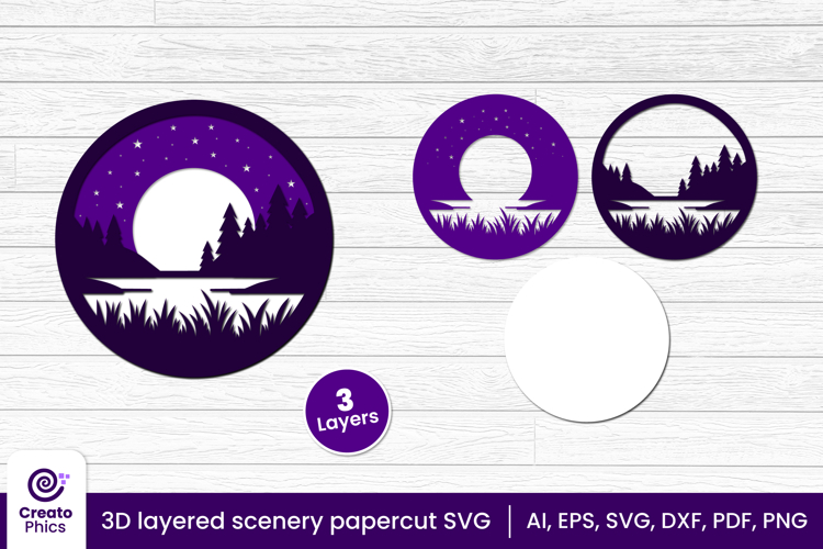 3D layered papercut moon scenery svg | purple night sky