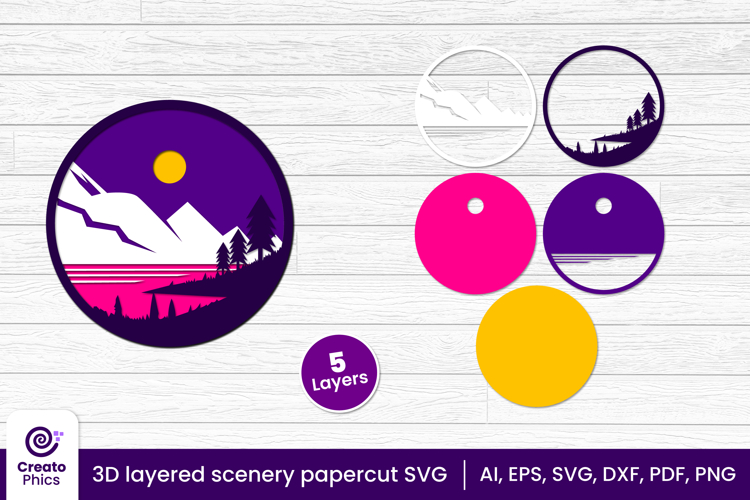 3D layered papercut scenery svg | mountains view decor
