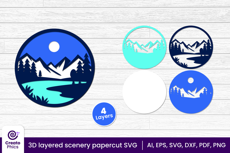 3D layered papercut scenery svg | nature mountains view