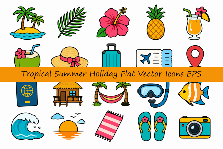 Tropical Summer Holiday Flat Vector Icons Bundle