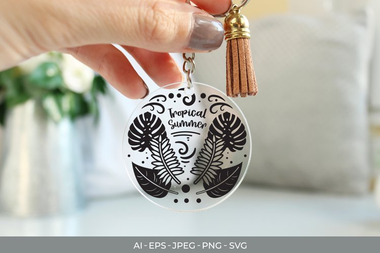 Tropical Summer Text with Leaves for Round Keychain Design