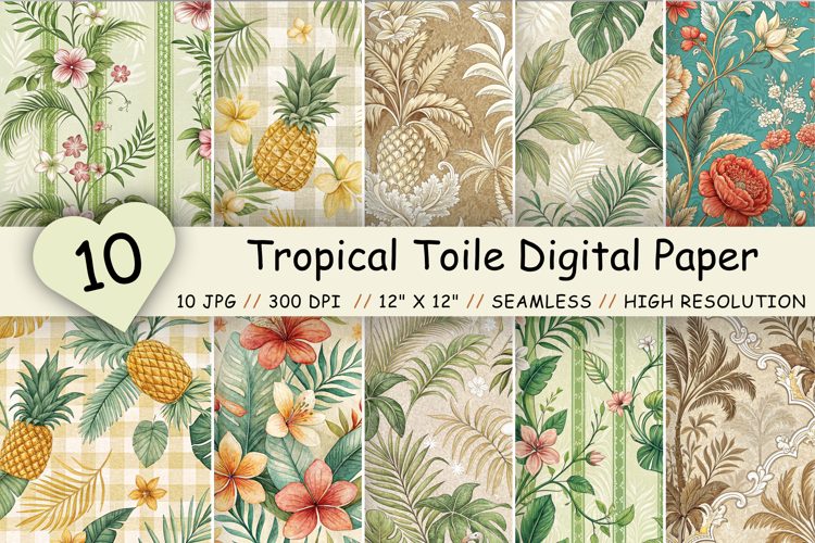 Tropical Toile Digital Paper Pack, Vintage Floral Toile