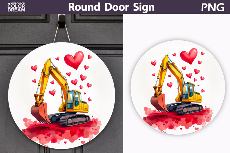 Valentin Excavator Heart Round Sign | Construction Truck
