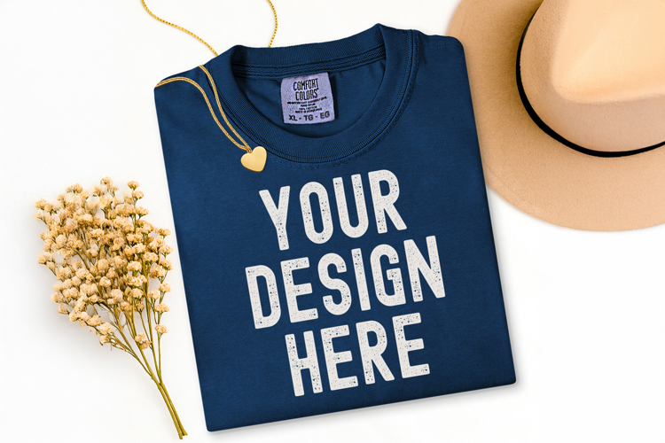 Comfort Colors C1717 True Navy Shirt Mockup, Flat Lay Mockup