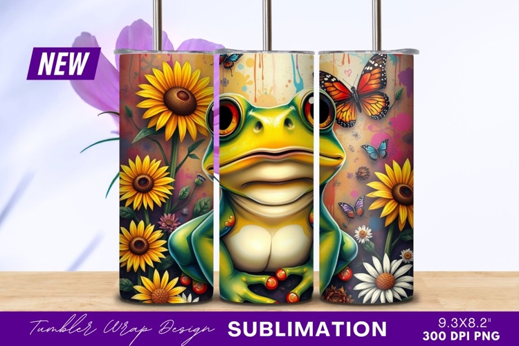 Cartoon Frog With Sunflowers And Butterflies Tumbler Png