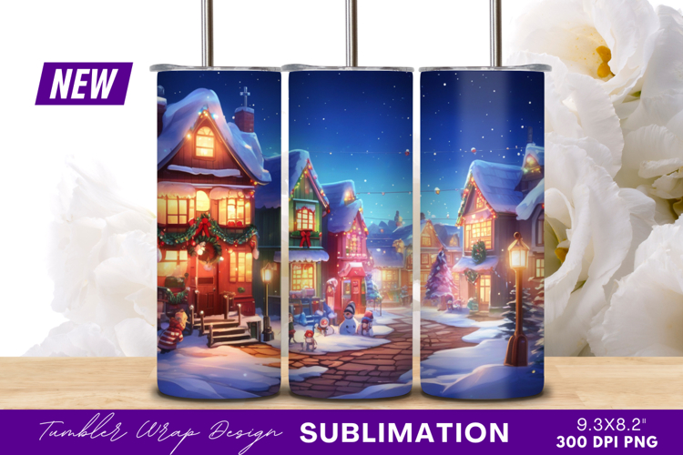 Snowy Winter Village At Night Tumbler Png