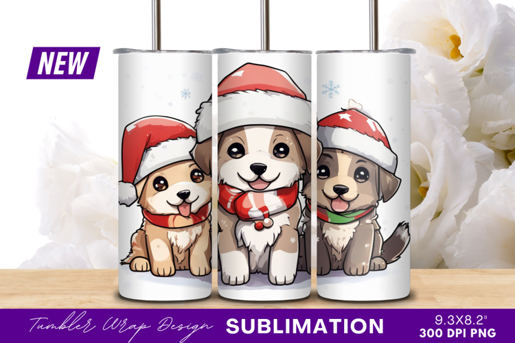 Three Cute Christmas Puppies Wearing Santa Hats Tumbler Png