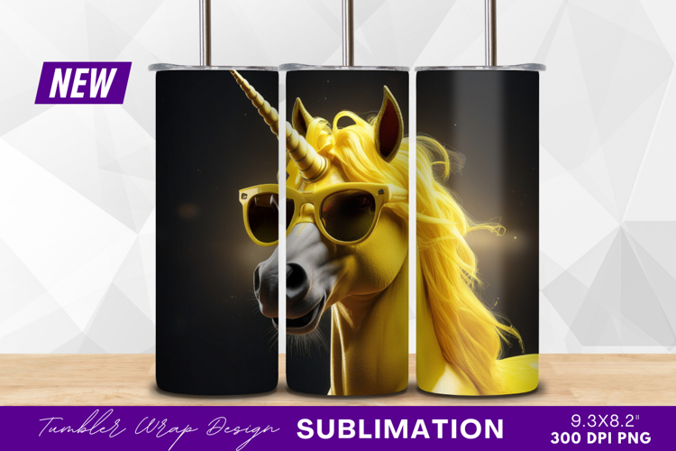 Stylish yellow unicorn wearing sunglasses tumbler png