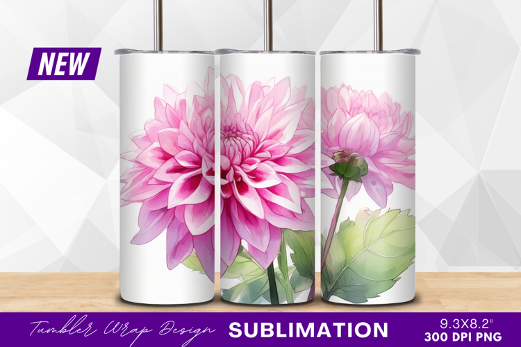 Pink dahlia flower watercolor tumbler png
