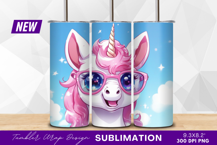 Cute unicorn with glasses in sky tumbler png