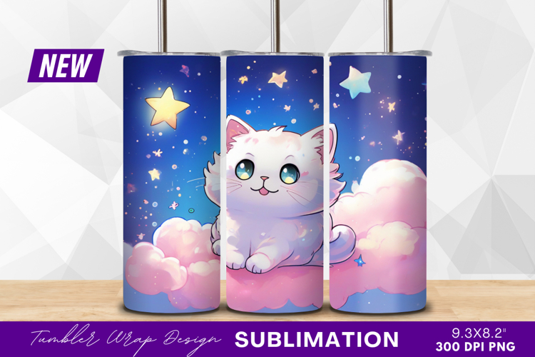 Cute cartoon cat on pink cloud scene tumbler png