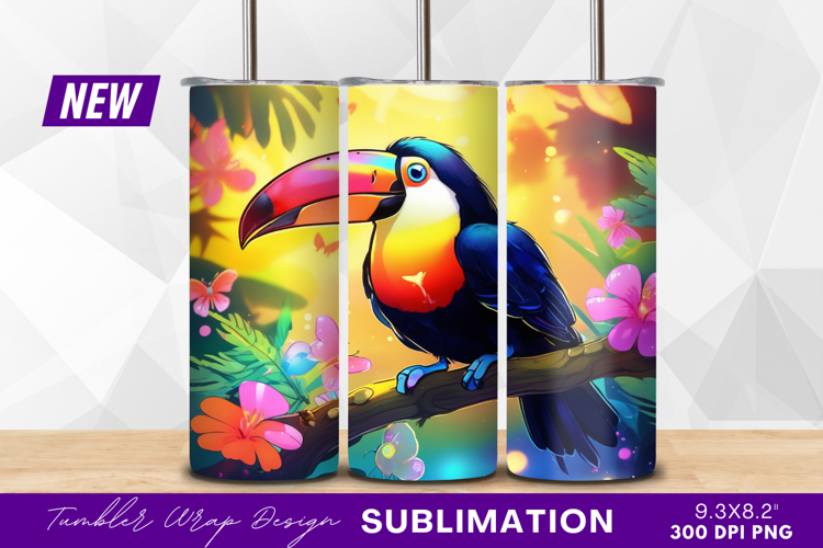 Colorful toucan on branch with butterflies tumbler png example image 1