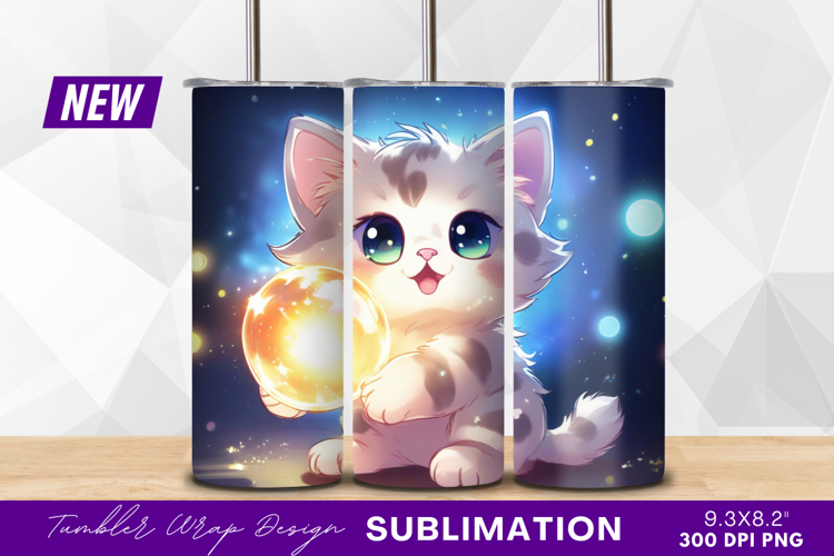 Cute kitten holding magic orb tumbler png