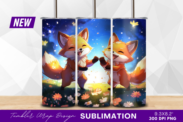 Cheerful foxes play in blooming meadow scene tumbler