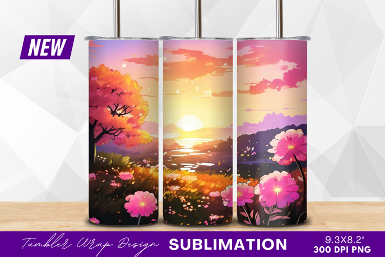Dreamy sunset landscape with pink flowers tumbler