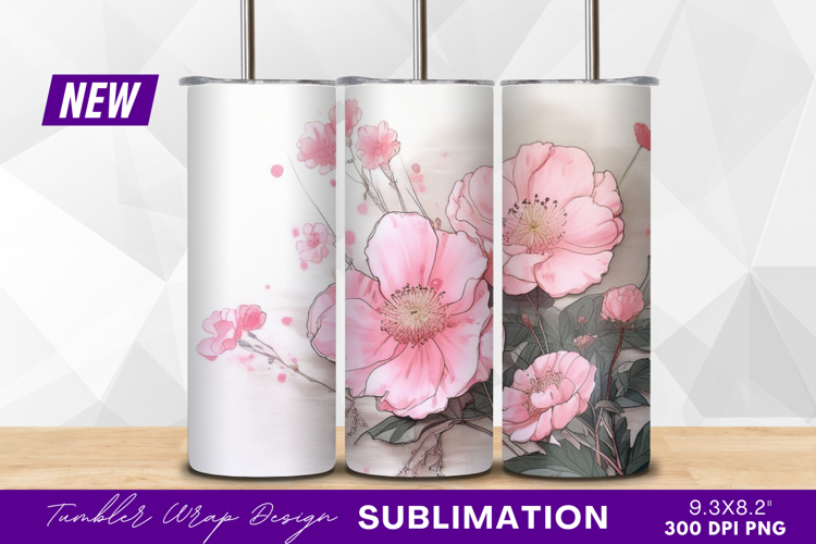 Soft pink floral tumbler png watercolor illustration