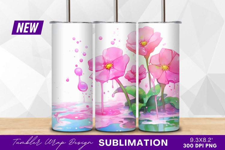 Pink flowers dripping watercolor tumbler png