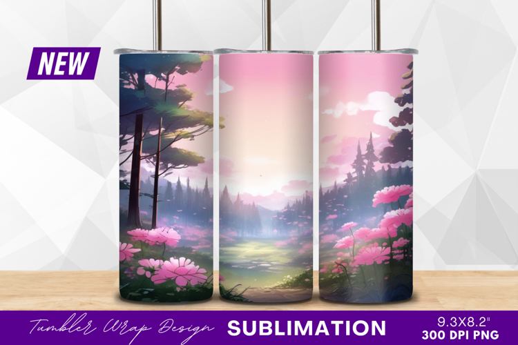 Dreamy pink landscape with flowers and trees tumbler png