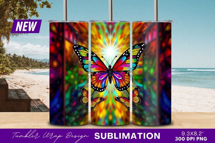 Vibrant Butterflies Against A Kaleidoscope Tumbler PNG