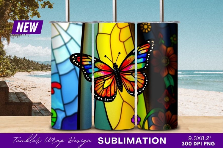 Colorful Butterfly Stained Glass Effect Tumbler PNG
