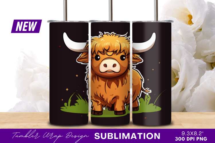 Cute Cartoon Highland Cow With Big Horns Tumbler Png example image 1