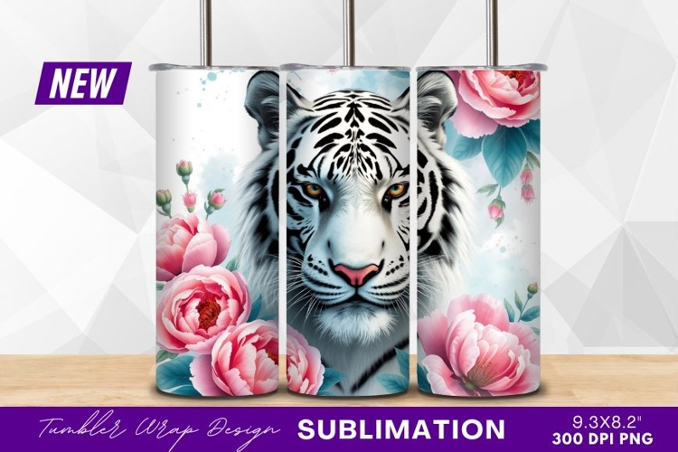 White Tiger Portrait With Pink Peonies Tumbler