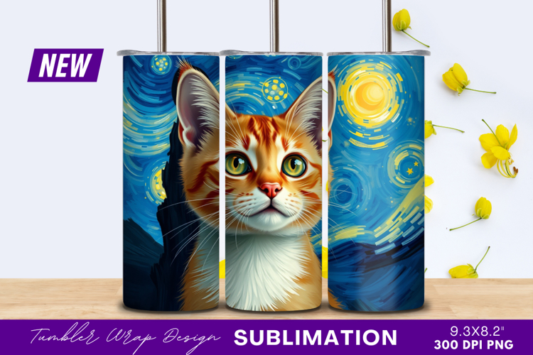 Orange Tabby Cat Van Gogh Inspired Art Tumbler Png