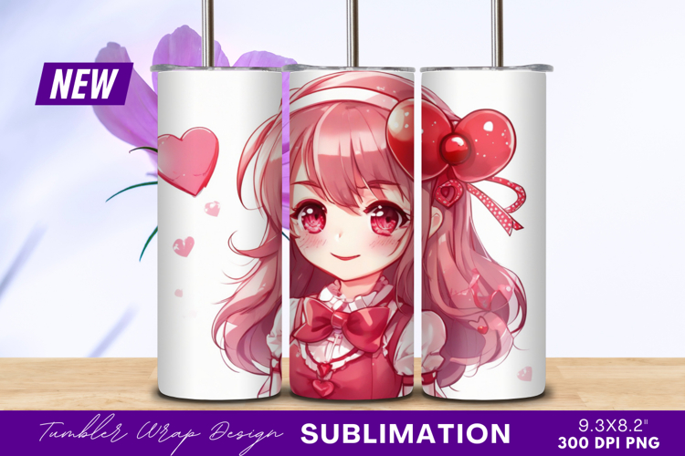 Pink Haired Anime Girl With Hearts Tumbler Png example image 1
