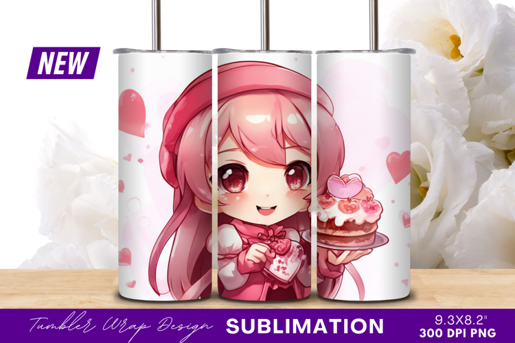 Cute chibi girl holding valentines cake tumbler png