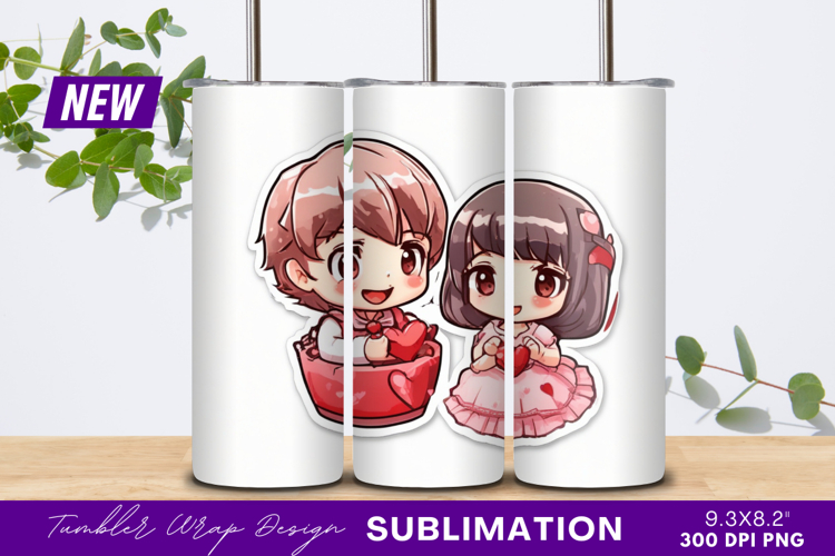Cute chibi couple holding hearts tumbler png