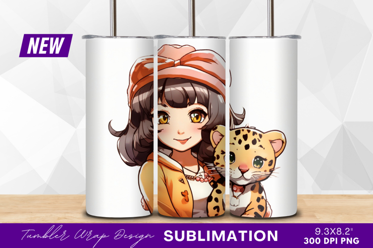 Anime girl with leopard cub tumbler png