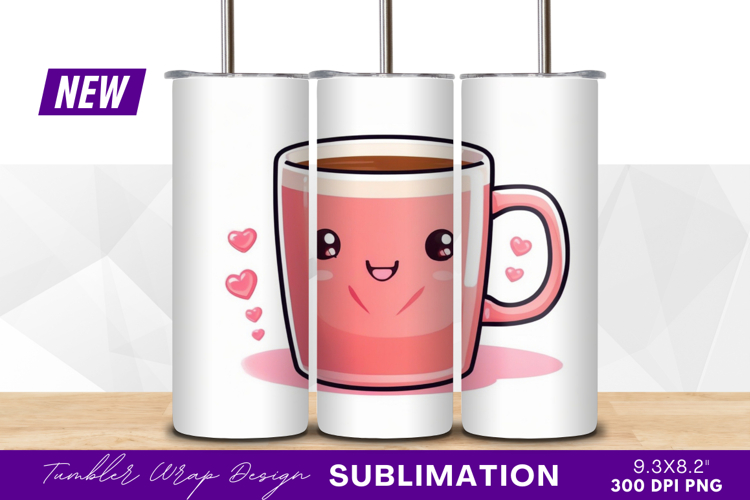 Kawaii pink coffee mug with hearts tumbler png
