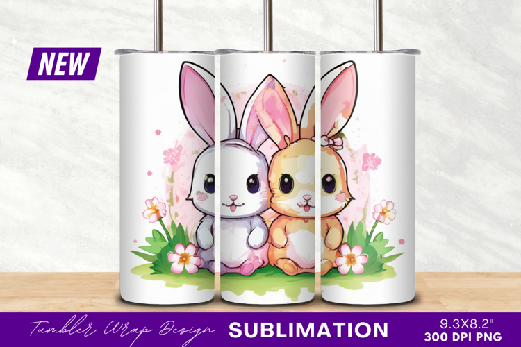 Two cute easter bunnies with flowers tumbler png example image 1