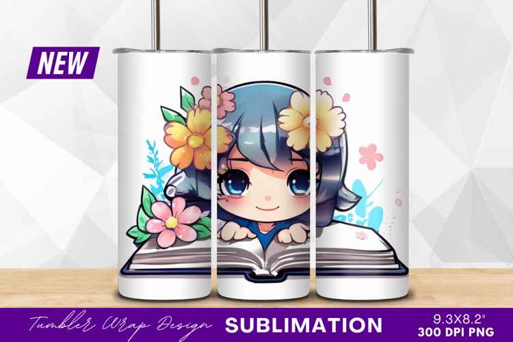 Cute anime girl reading book with flowers tumbler png