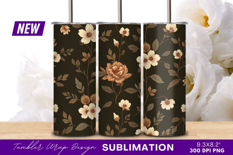 Elegant Floral Pattern On Dark Brown Background tumbler png