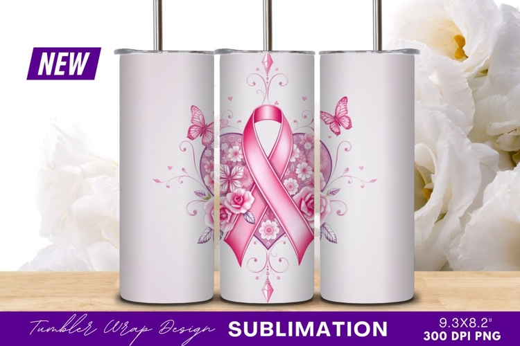 Pink Ribbon With Heart And Flowers tumbler png