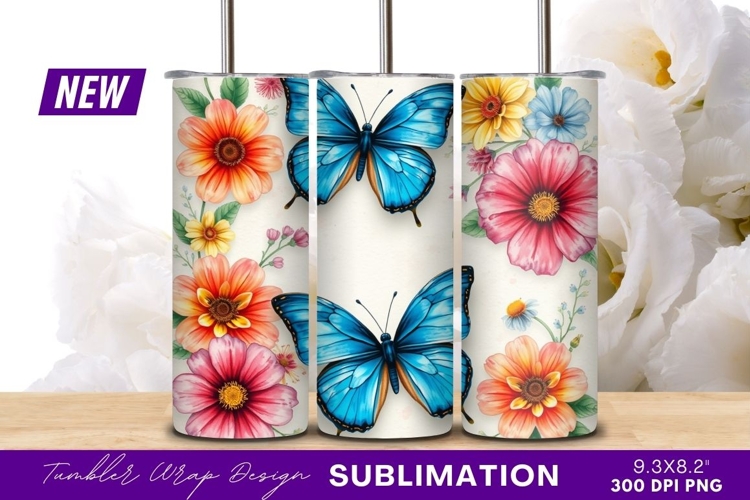 Watercolor butterflies and flowers tumbler png