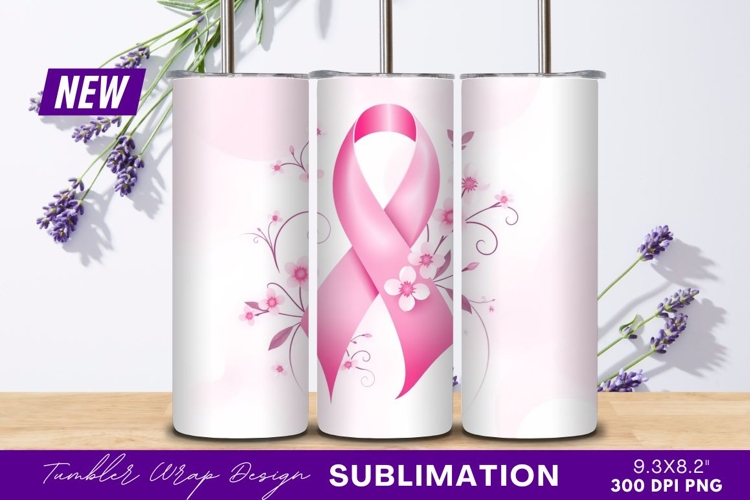 Pink ribbon with floral design tumbler png