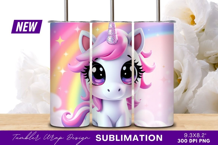Cute cartoon unicorn with rainbow background tumbler