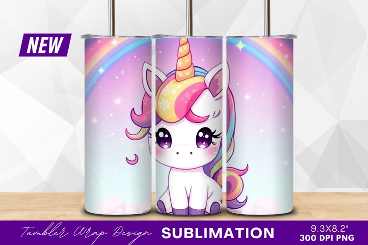Cute cartoon unicorn with rainbow background tumbler png