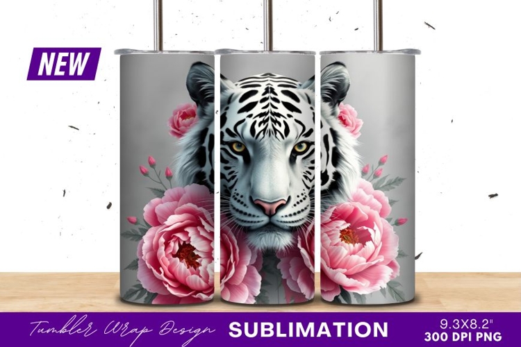 White Tiger With Pink Peonies Floral Artwork Tumbler