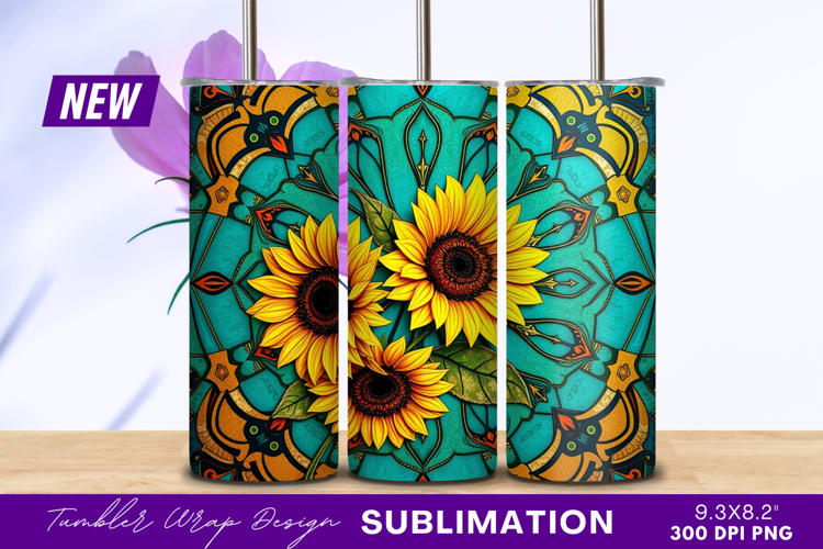 Sunflowers On Turquoise Ornamental Background Tumbler Png