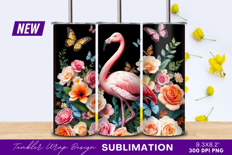 Flamingo With Roses And Butterflies Illustration Tumbler Png