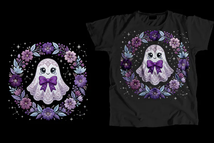 Purple Lace Ghost Floral Halloween T-Shirt PNG