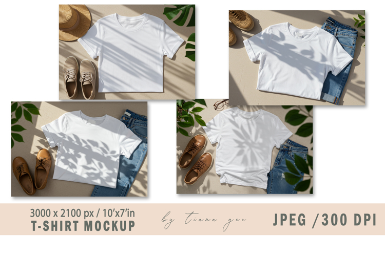 White T-Shirt Mockup with Tropical Leaf - 4 Flat Lay JPEGs
