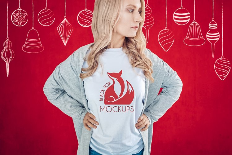 Christmas Xmas Winter White women t-shirt model mockup JPEG