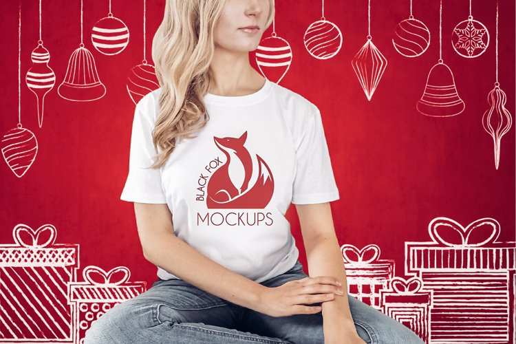 Christmas Xmas Winter White women t-shirt model mockup JPEG