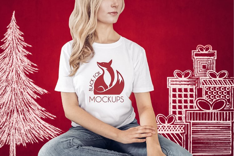 Christmas Xmas Winter White women t-shirt model mockup JPEG