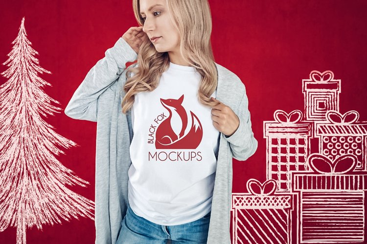 Christmas Xmas Winter White women t-shirt model mockup JPEG