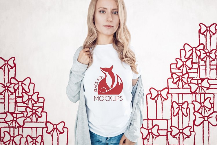 Christmas Xmas Winter White women t-shirt model mockup JPEG